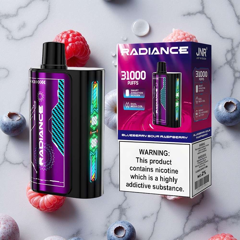 Blauwe Bes Zure Framboos JNR Radiance 31000 Puffs 28ml E-liquid Dual Mesh Coil wholesale Netherlands